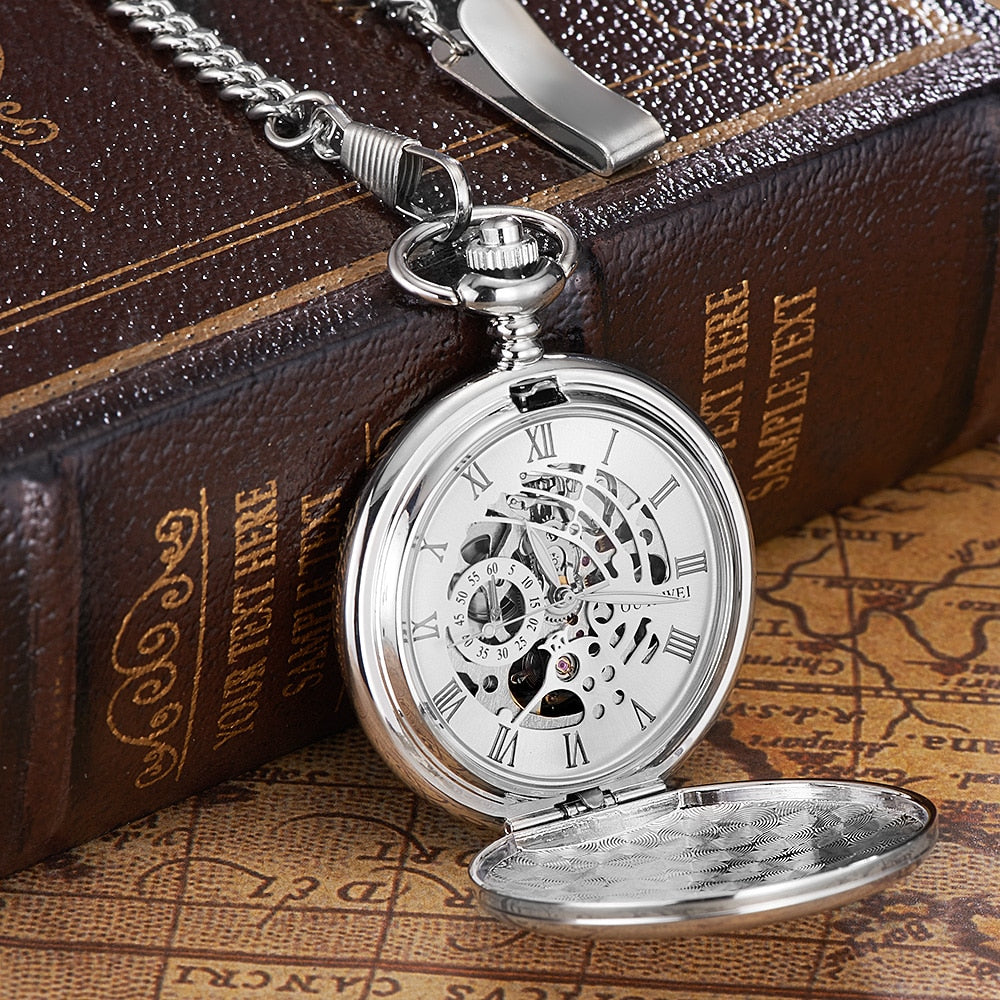 Skeleton dial Silver Hand Wind Mechanical Male Fob Chain Pocket Watch