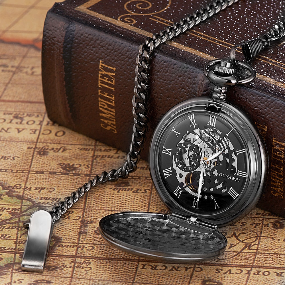 Skeleton dial Silver Hand Wind Mechanical Male Fob Chain Pocket Watch