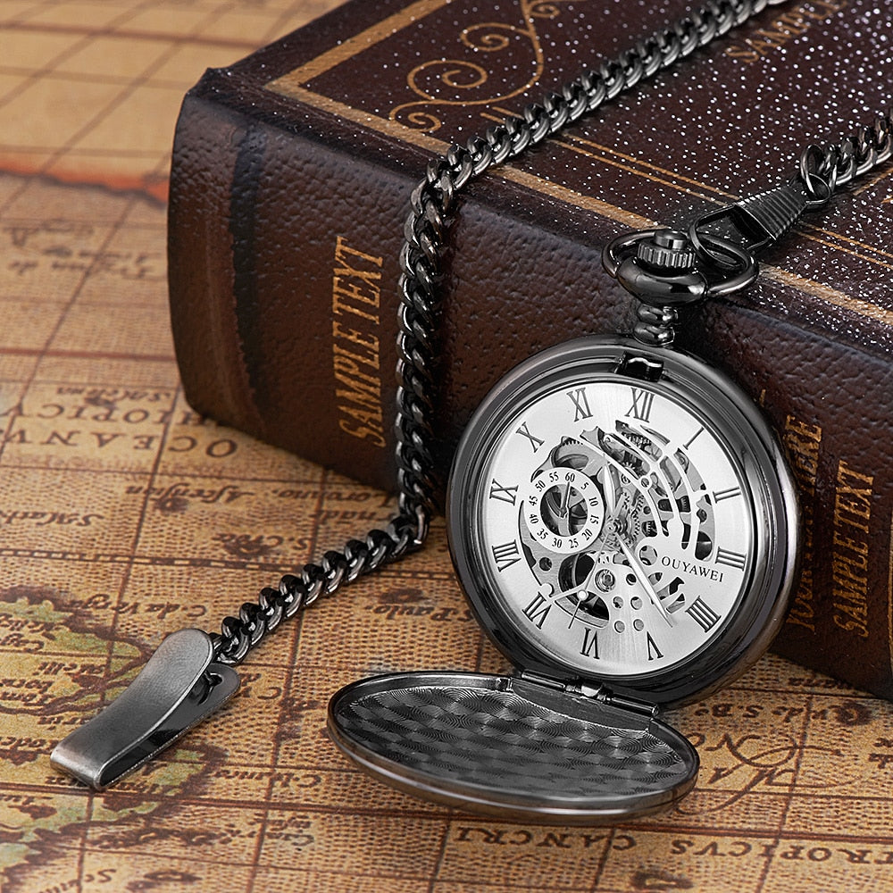 Skeleton dial Silver Hand Wind Mechanical Male Fob Chain Pocket Watch