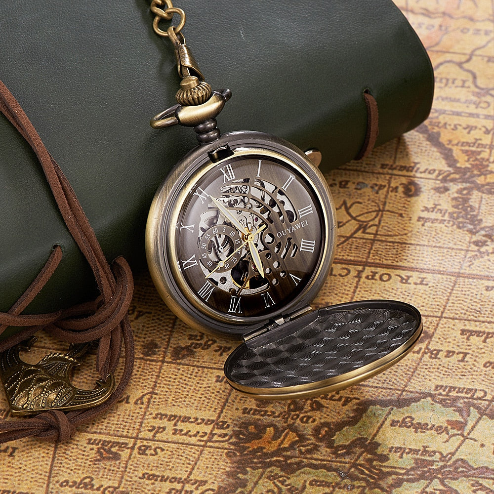 Skeleton dial Silver Hand Wind Mechanical Male Fob Chain Pocket Watch