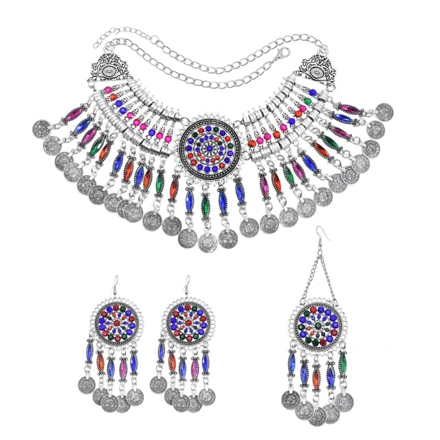 Afghan Silver Color Coin Tassel Bib Statement Necklace & Earring Sets
