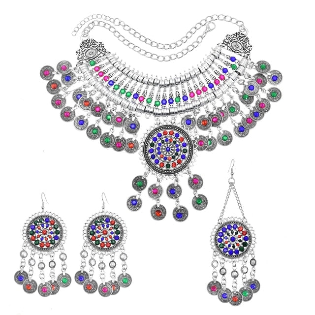 Afghan Silver Color Coin Tassel Bib Statement Necklace & Earring Sets