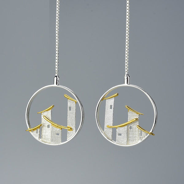 Pendientes colgantes originales de la ciudad de Jiangnan, de estilo arquitectónico chino, en plata de ley 925