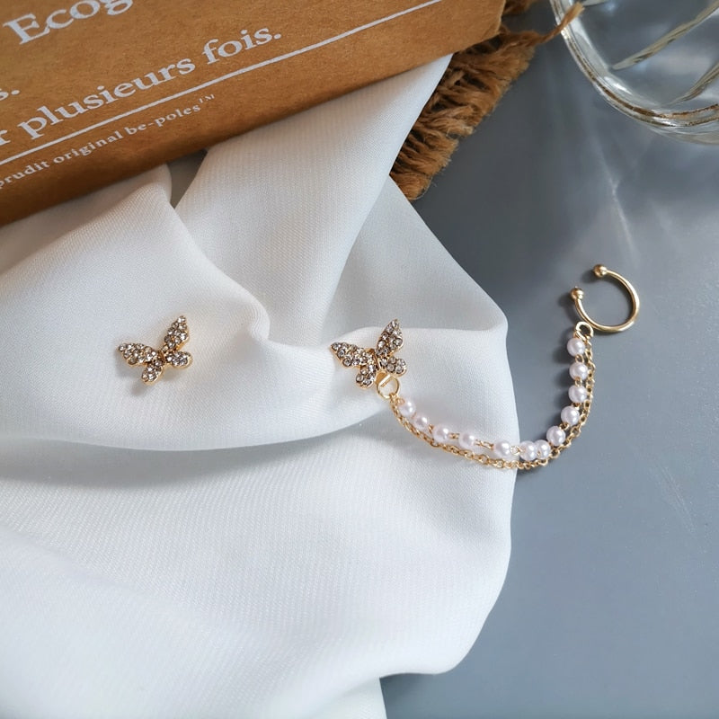 Asymmetric Butterfly Pearl Chain Tassel Ear Bones Stud Earrings