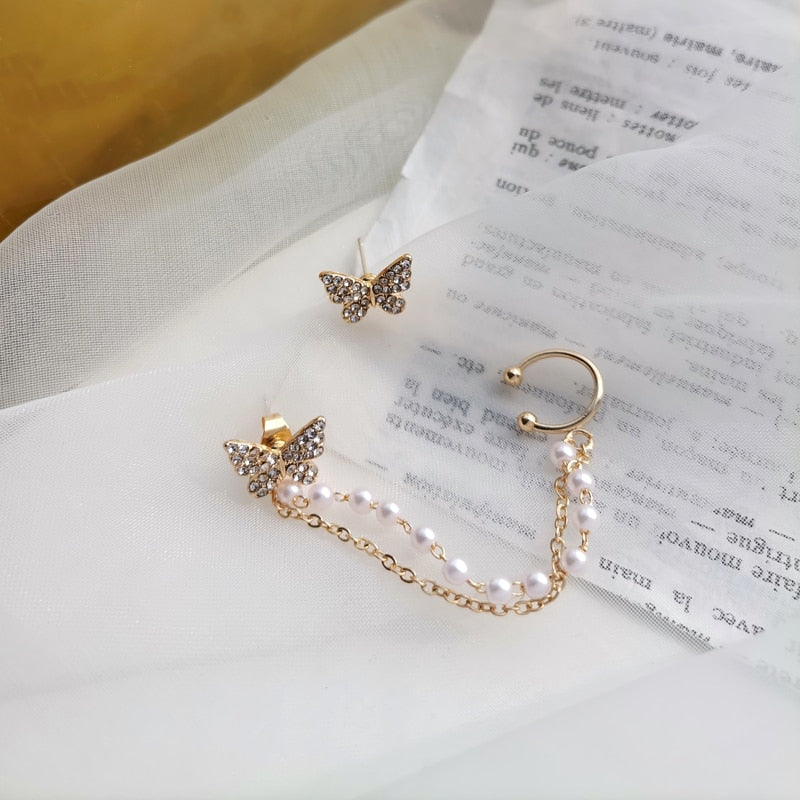 Asymmetric Butterfly Pearl Chain Tassel Ear Bones Stud Earrings