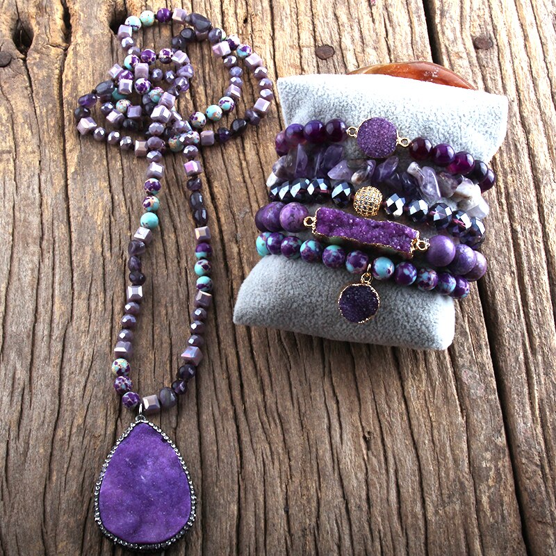 Semi Precious Stone Knotted Natural Stones  Pendant Necklace Bracelet set