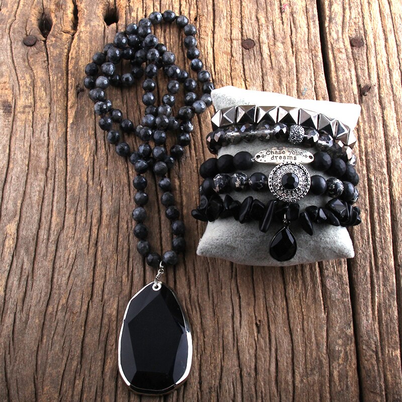 Semi Precious Stone Knotted Natural Stones  Pendant Necklace Bracelet set