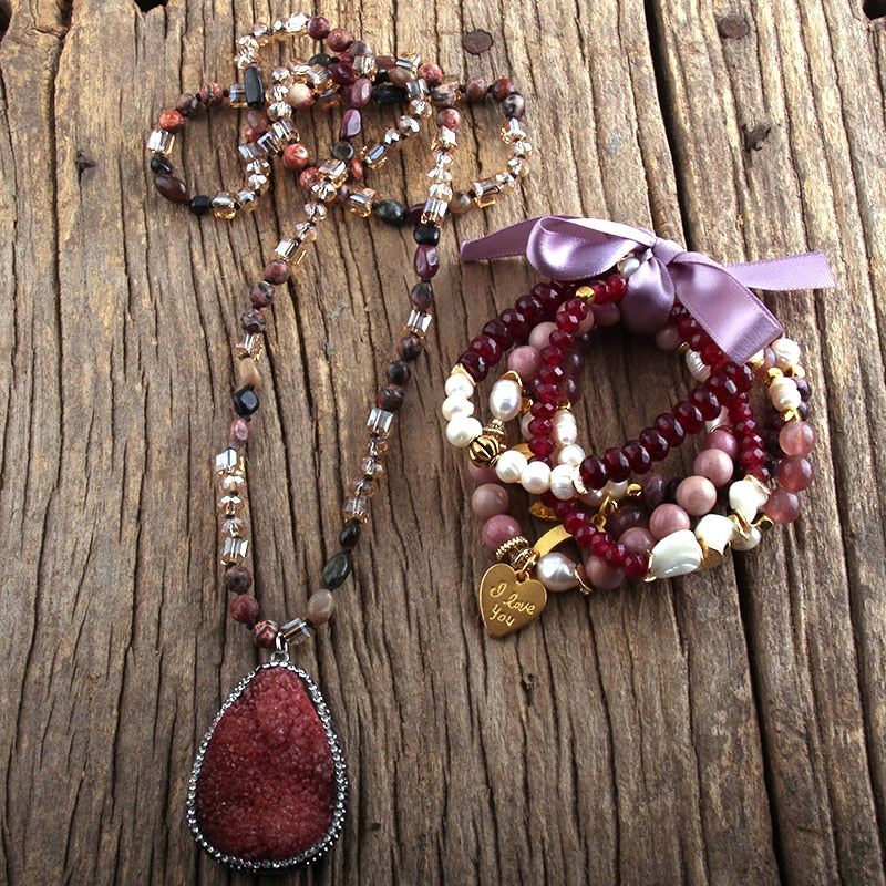 Semi Precious Stone Knotted Natural Stones  Pendant Necklace Bracelet set