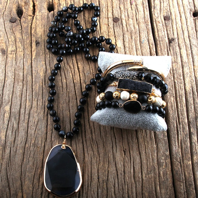 Semi Precious Stone Knotted Natural Stones  Pendant Necklace Bracelet set