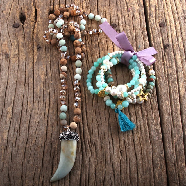 Semi Precious Stone Knotted Natural Stones  Pendant Necklace Bracelet set