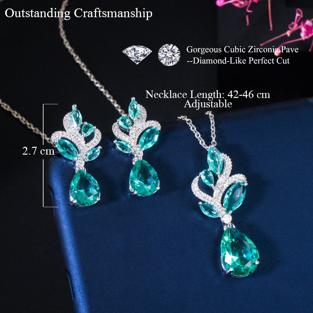 Blue Leaf Necklace Water Drop Earrings Jewelry Sets