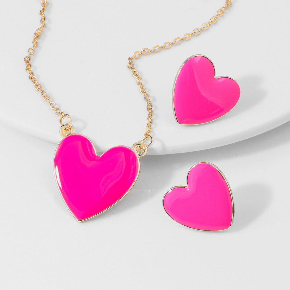 Bohemia Colorful Love Heart Pendant Necklace Earrings Sets