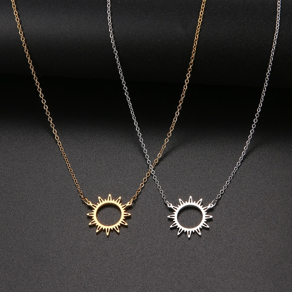 Gold Circle Irregular Sun Hollow Out Round Pendant Necklaces