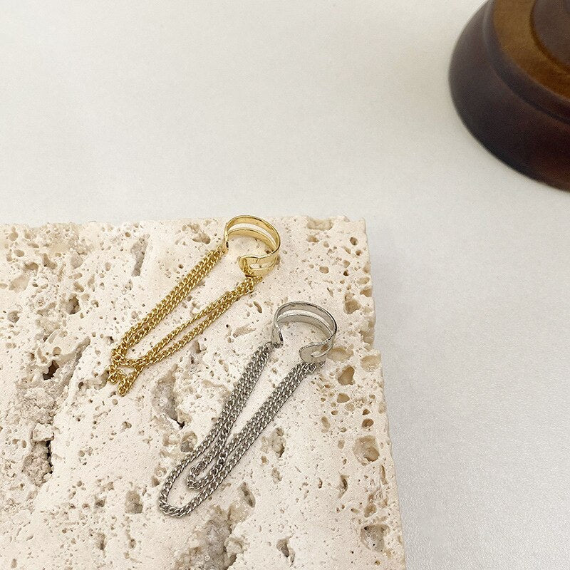Gold Silver Color Tassel Chain Metal Circle Earcuff Earrings