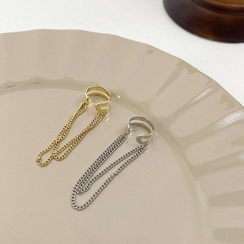 Gold Silver Color Tassel Chain Metal Circle Earcuff Earrings