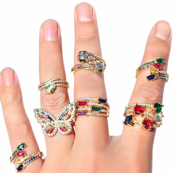 Gold rainbow CZ Snake butterfly Rings Animal wedding Engagement Ring