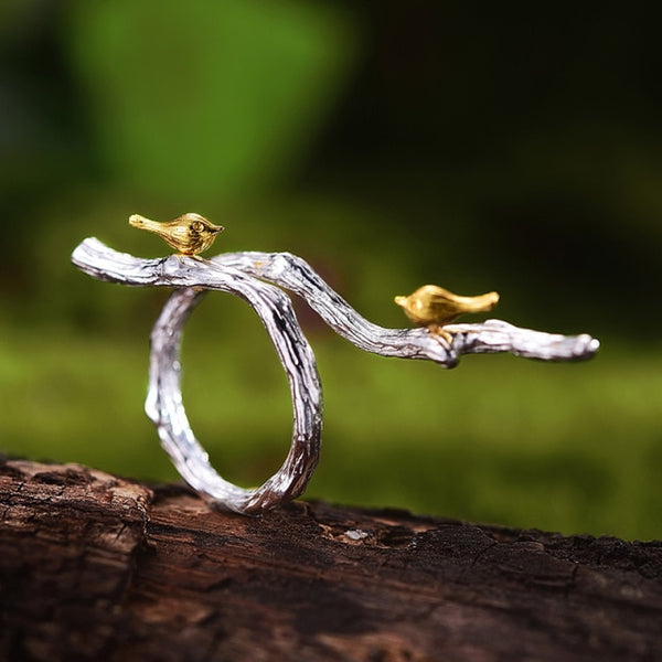 925 Sterling Silver Adjustable Ring 18K Gold Bird on Branch Rings for Women
