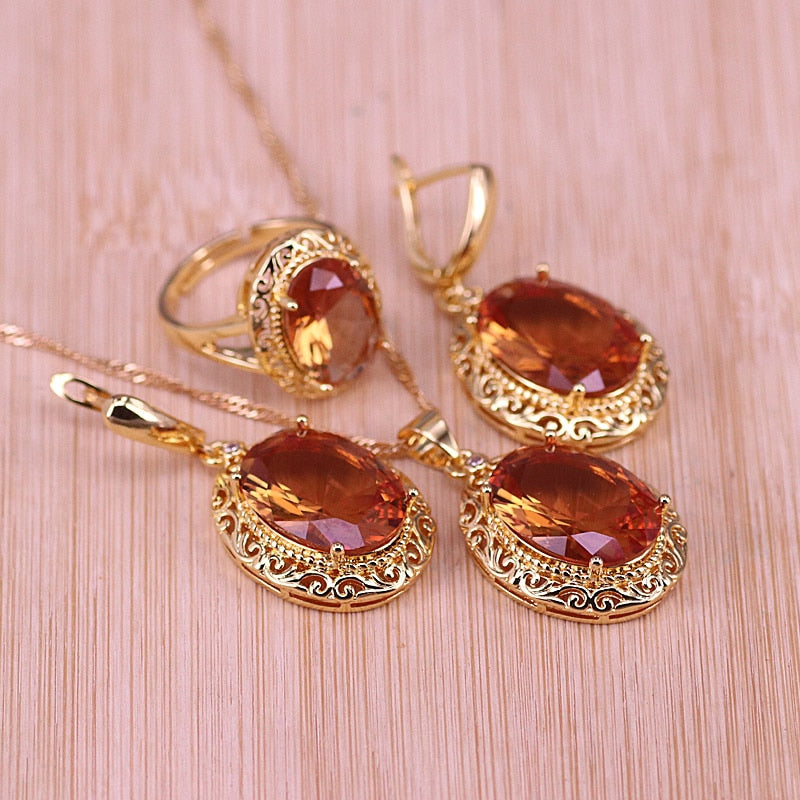Many Colors Big Red Stone  Adjustable Ring Necklace Set