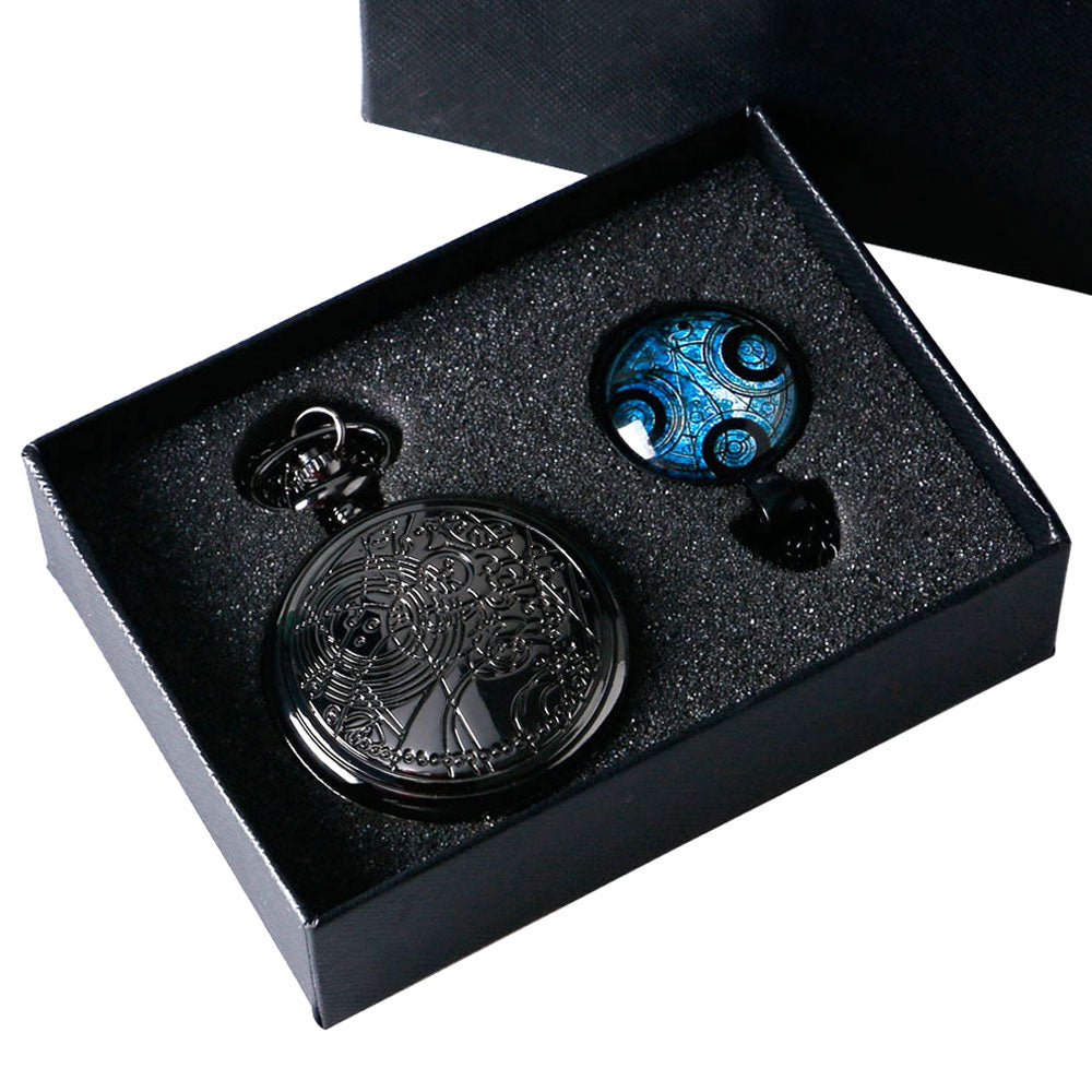 Vintage Black Time Lord Seal Quartz Pocket Watch Necklace Fob Chain Box