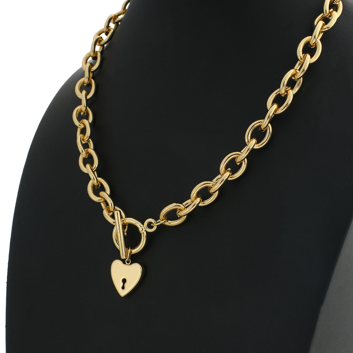 Thick Chain Clasp Gold Color Claps Necklaces Heart Pendant