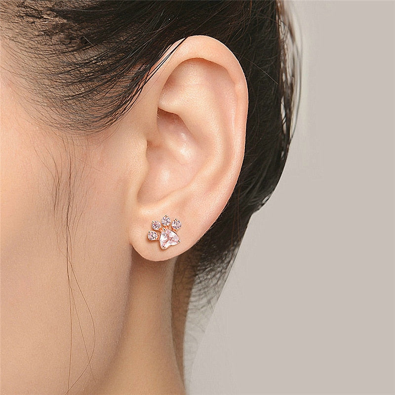 Fashion Cute Pink Zircon Cat Paw Earrings
