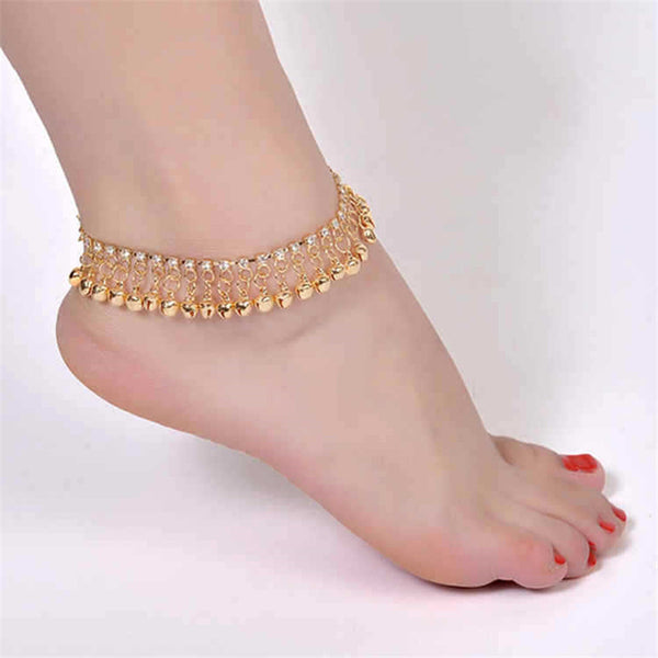 Tobilleras étnicas con borlas y campanas en color dorado y plateado para mujer