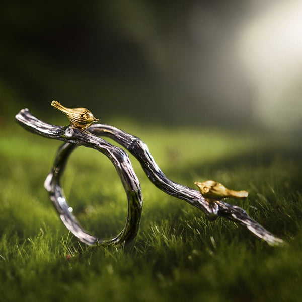 925 Sterling Silver Adjustable Ring Bird on Branch Rings for Women