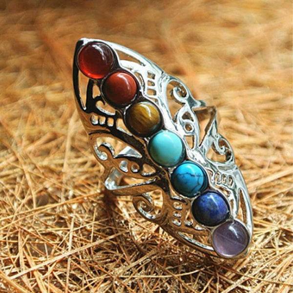 Anillo de Reiki con piedras naturales para el pulgar, con los 7 chakras, chapado en plata