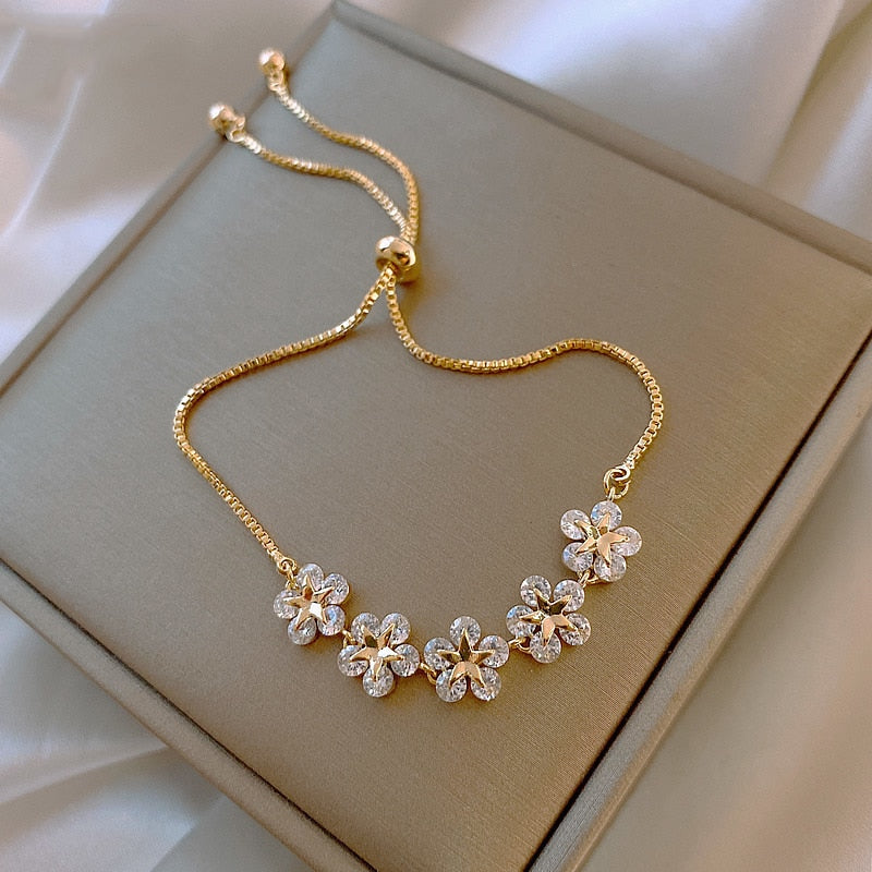 Delicate Flowers Copper Pave Setting Cubic Zircon Charm Bracelets