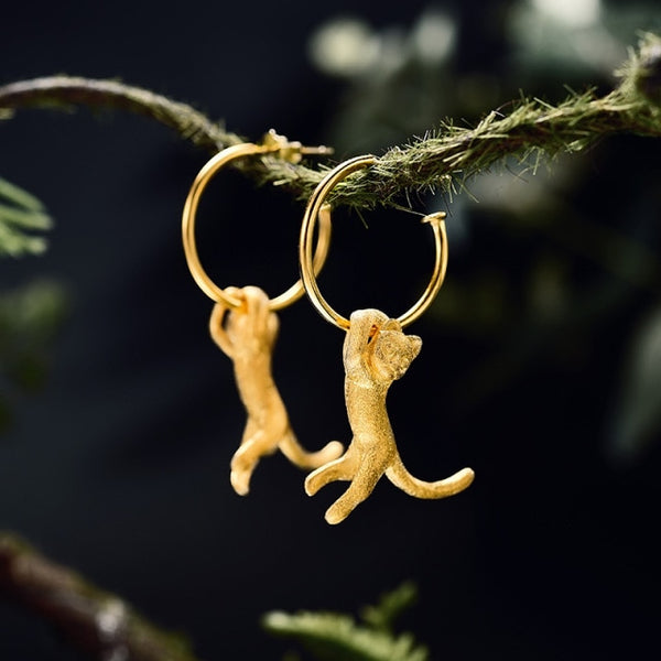 Pendientes de plata de ley 925 con diseño de gato Kung Fu en oro de 18 quilates para mujer.
