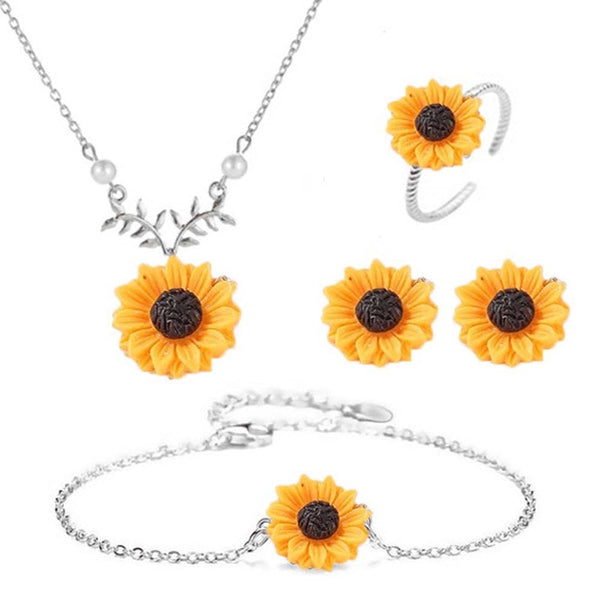 Fashion Sunflower Pendant Necklace Stud Earrings Ring Bracelet Jewelry 5Pcs/Set