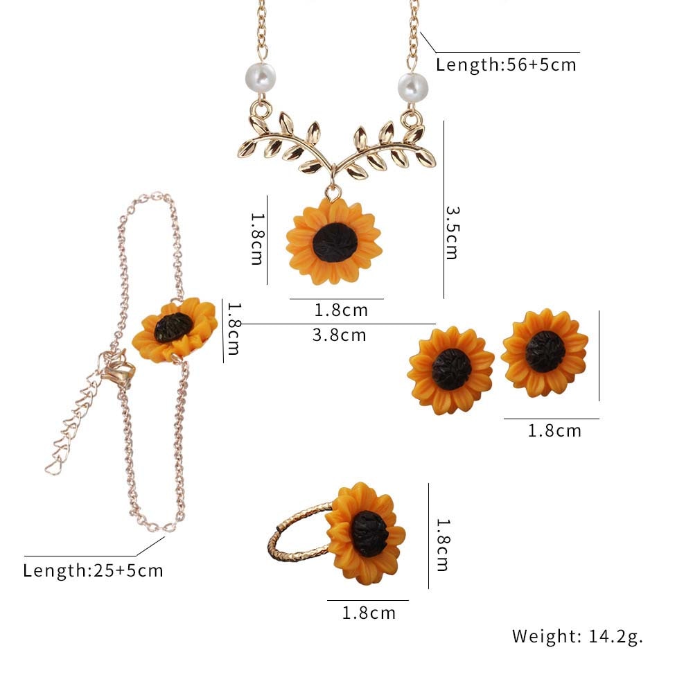 Fashion Sunflower Pendant Necklace Stud Earrings Ring Bracelet Jewelry 5Pcs/Set