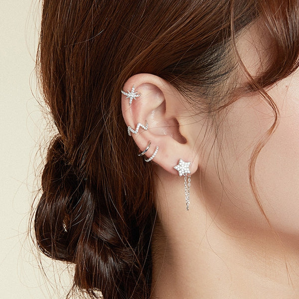 Pendientes geométricos con circonitas deslumbrantes de plata de ley 925 con clip para la oreja