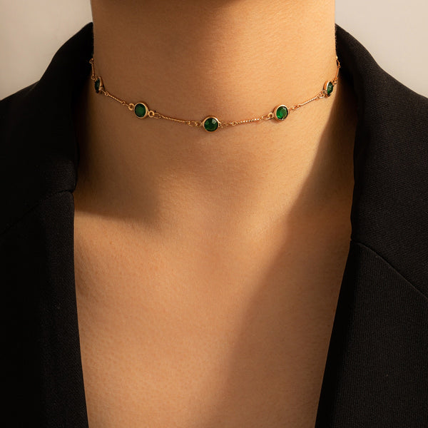 Tredny Green Rhinestone Chain Choker Necklace
