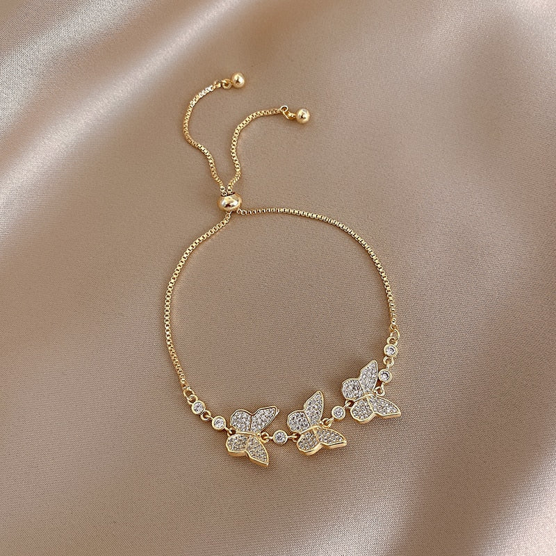 exquisite copper inlaid zircon three butterfly bracelet=