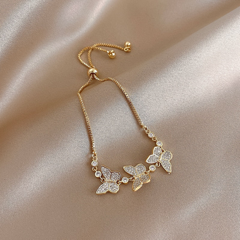 exquisite copper inlaid zircon three butterfly bracelet=