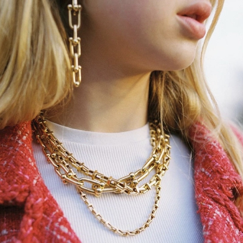 New HipHop U-shaped Stitching Necklace Earrings Bracelet Set