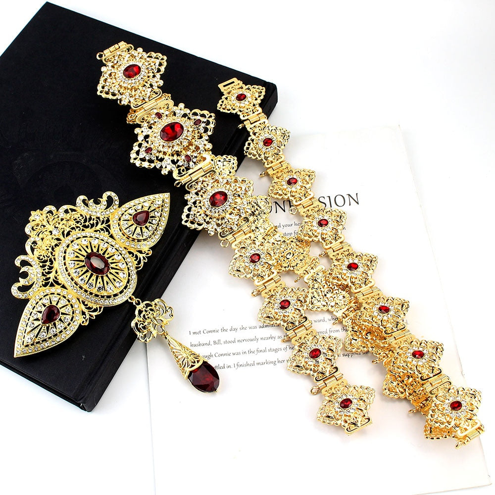 Caftan Belt Brooch  Gold Color Red Crystal Bride Gift
