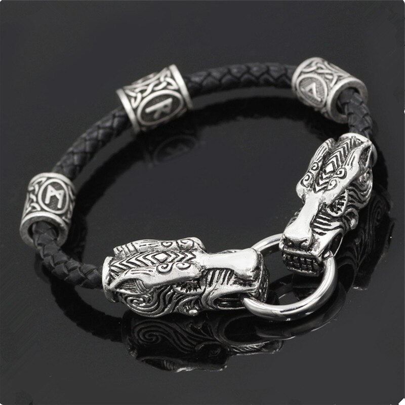 Vintage Tiger Head Viking Rune Bead Leather Bracelets