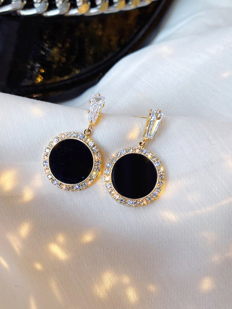 new black round rhinestone earrings
