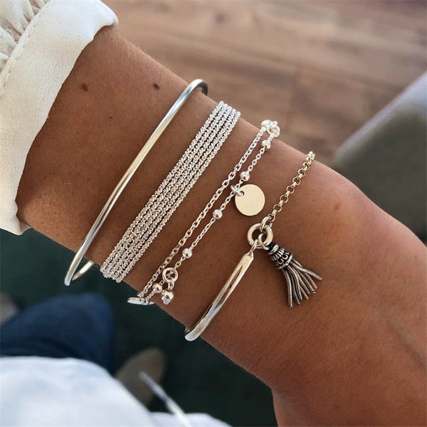 NUEVO Conjunto de pulsera redonda con borlas de color plata bohemia