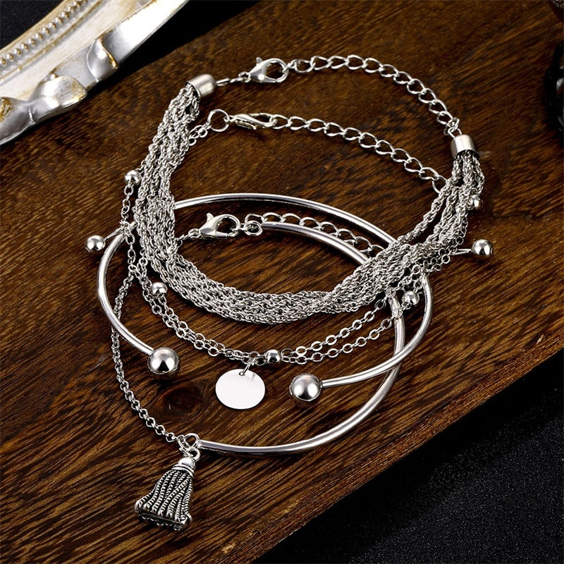 NEW Set Bohemian Silver Color Tassel Round Bracelet Set