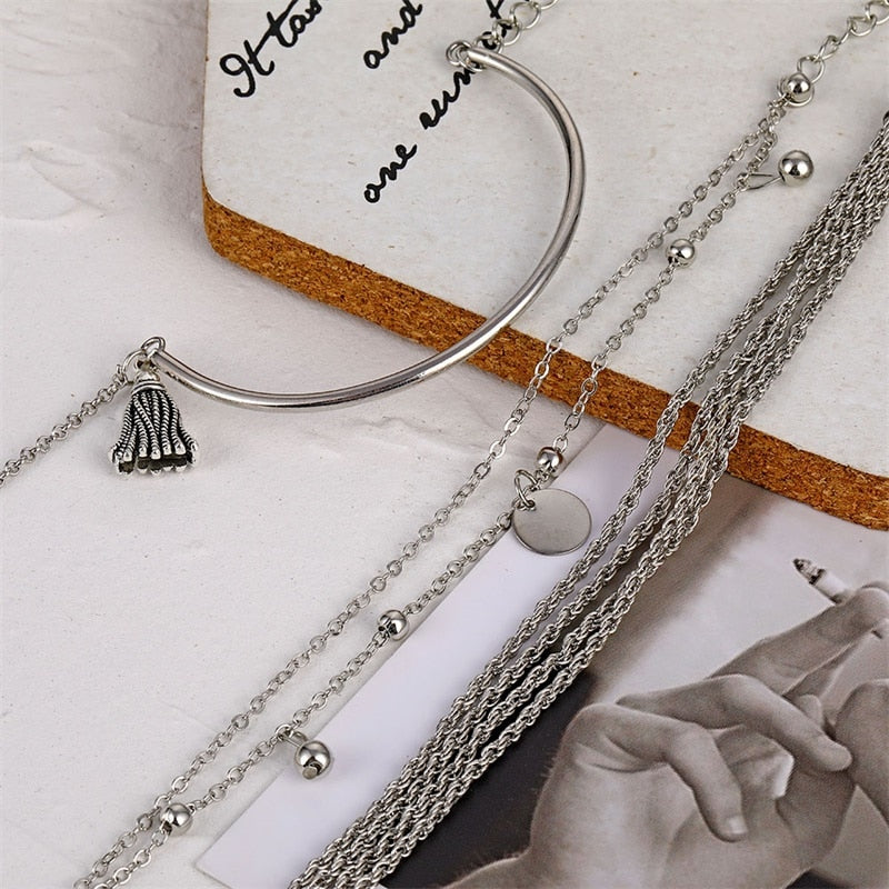 NEW Set Bohemian Silver Color Tassel Round Bracelet Set