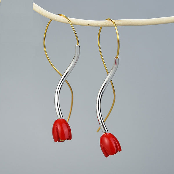 Pendientes colgantes de flor de rosa roja de estilo étnico en plata de ley 925