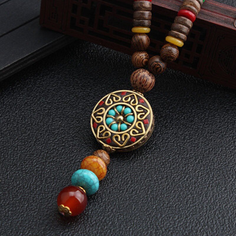 Nepal Long Buddhist Mala Wood Beaded Pendant & Necklace