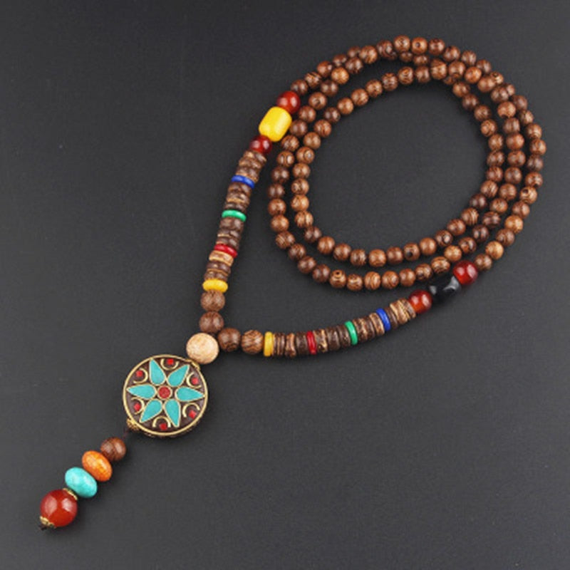 Nepal Long Buddhist Mala Wood Beaded Pendant & Necklace