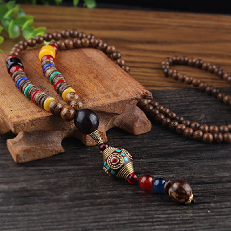 Nepal Long Buddhist Mala Wood Beaded Pendant & Necklace