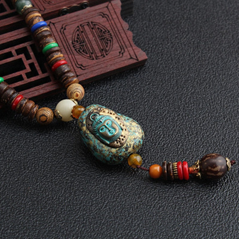 Nepal Long Buddhist Mala Wood Beaded Pendant & Necklace