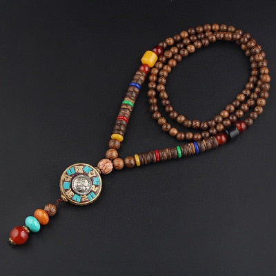 Nepal Long Buddhist Mala Wood Beaded Pendant & Necklace