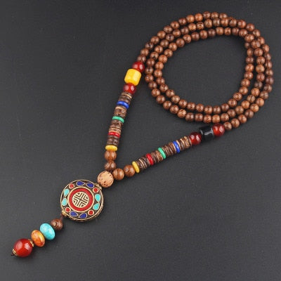 Nepal Long Buddhist Mala Wood Beaded Pendant & Necklace